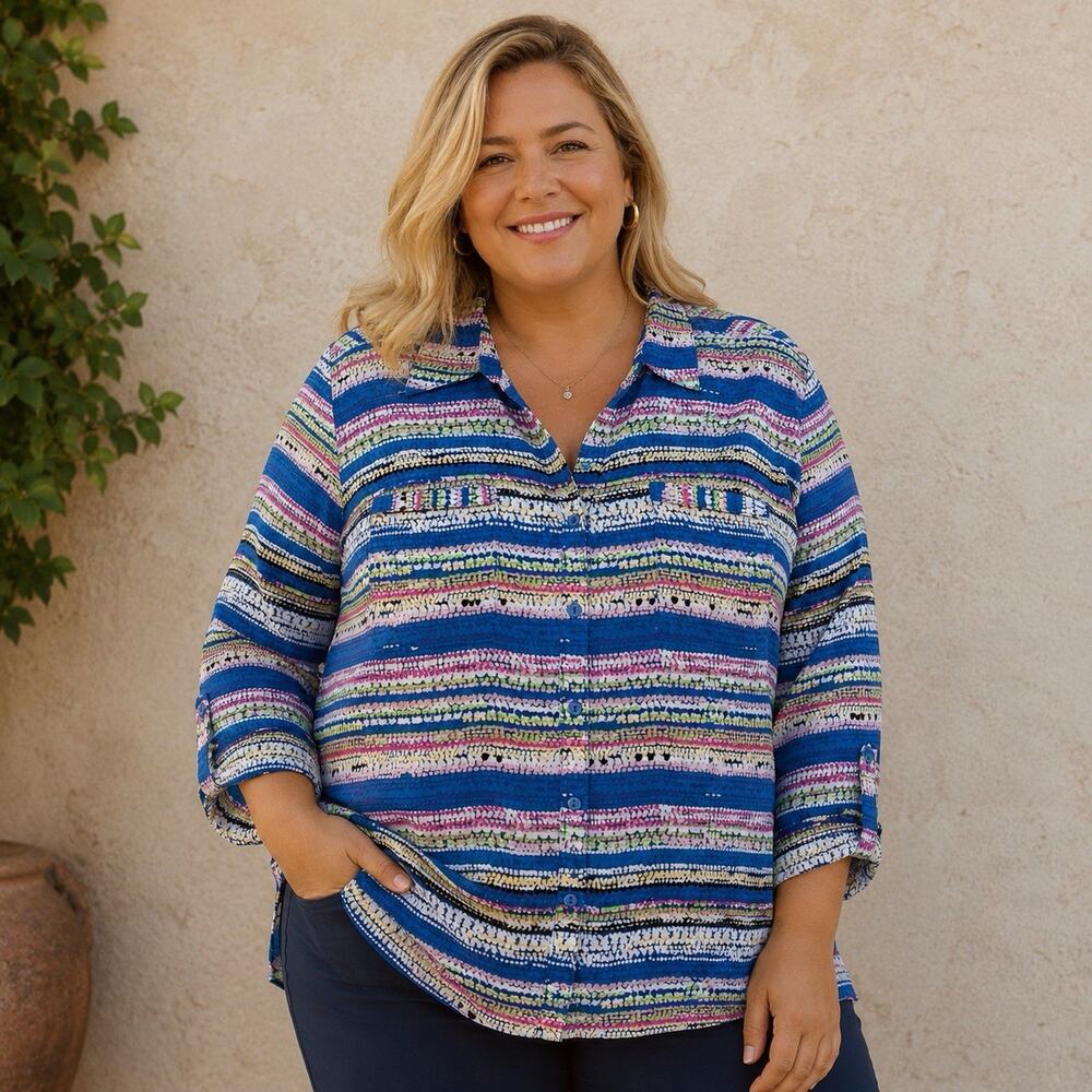 Relativity Women's Colorful Button-Up Polyester Striped Blouse Blue Lightweight